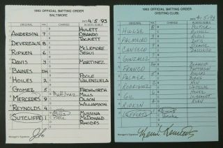 Baltimore 4/5/93 Game Lineup Cards From Umpire Don Denkinger