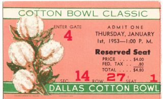 1953 Cotton Bowl Football Ticket Stub Texas Vs Tennessee