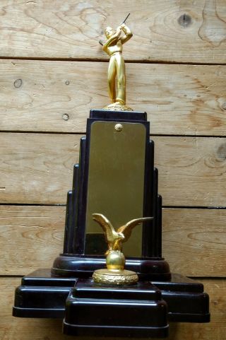 1940s Dodge Inc Antique Trophy Art Deco Award W/Golf Figure Blank Plaque 8