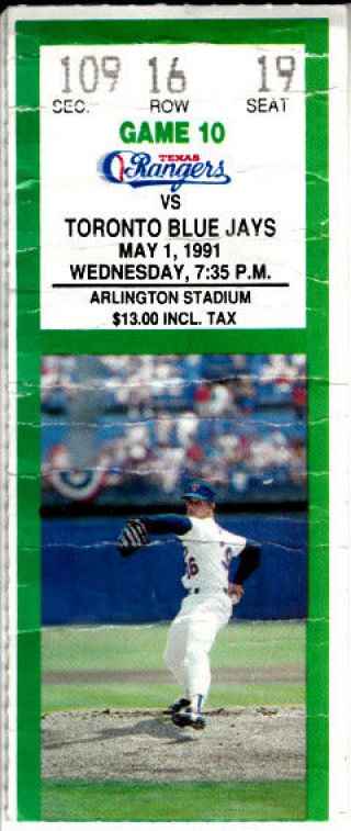 Nolan Ryan 7th No - Hitter May 1 1991 Rangers Blue Jays Season Ticket Stub Creased