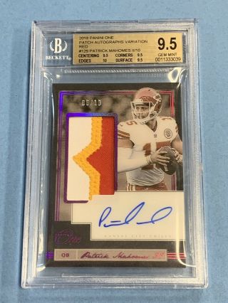 Patrick Mahomes 2018 Panini One Jersey Patch Autographs Red/10 Bgs 9.  5 Chiefs 