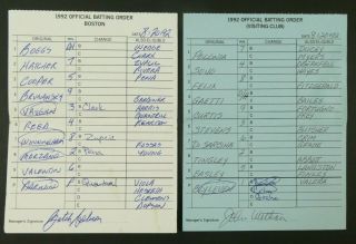 Boston 8/20/92 Game Lineup Cards From Umpire Don Denkinger