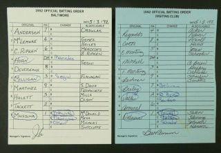 Baltimore 5/3/92 Game Lineup Cards From Umpire Don Denkinger