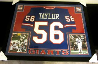Lawrence Taylor Signed York Giants 35x43 Custom Framed Blue Jersey (jsa)