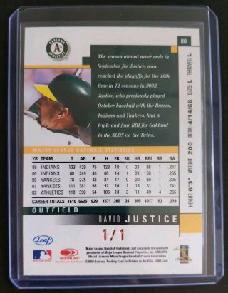 2003 Leaf Red Press Proof ATLANTIC CITY NATIONAL David Justice 1/1 one - of - one 2
