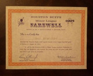 Certificate Houston Buffs Last Game Busch Stadium 8/28/61 Colt 45 
