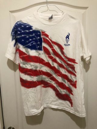 Vintage 1996 Atlanta Olympics Big American Flag T - Shirt Tee Large Basketball