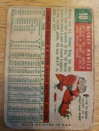 1959 Topps 10 Mickey Mantle York Yankees HOF poor 2