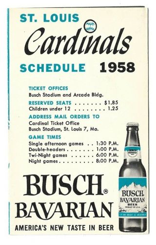 1958 St.  Louis Cardinals Home & Away Games Pocket Schedule Busch Bavarian Beer