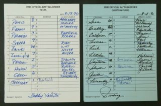 Texas 8/18/90 Game Lineup Cards From Umpire Don Denkinger