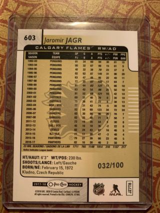 2017 - 18 O - Pee - Chee Jaromir Jagr 32/100 Black Rainbow OPC 2