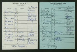 Milwaukee 8/2/90 Game Lineup Cards From Umpire Don Denkinger