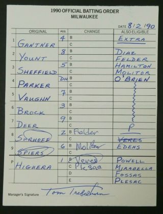 Milwaukee 8/2/90 Game Lineup Cards From Umpire Don Denkinger 2
