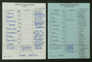 Texas 9/26/90 Game Lineup Cards From Umpire Don Denkinger