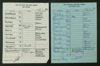 Baltimore 5/1/93 Game Lineup Cards From Umpire Don Denkinger