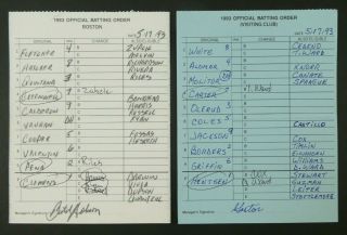 Boston 5/17/93 Game Lineup Cards From Umpire Don Denkinger