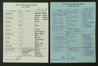 Baltimore 10/3/93 Game Lineup Cards From Umpire Don Denkinger