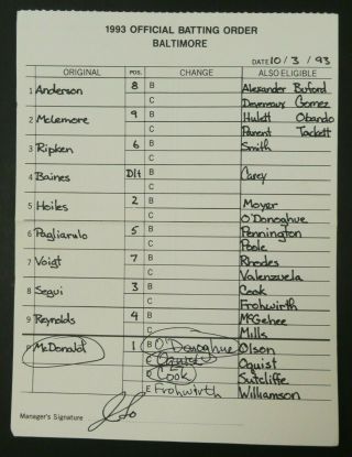 Baltimore 10/3/93 Game Lineup Cards From Umpire Don Denkinger 2