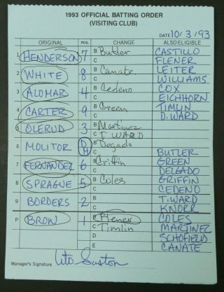 Baltimore 10/3/93 Game Lineup Cards From Umpire Don Denkinger 3