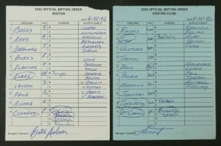 Boston 4/28/92 Game Lineup Cards From Umpire Don Denkinger