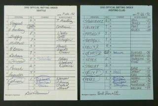 Seattle 7/26/92 Game Lineup Cards From Umpire Don Denkinger