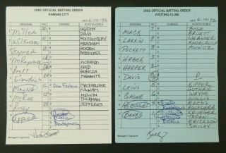 Kansas City 6/10/92 Game Lineup Cards From Umpire Don Denkinger