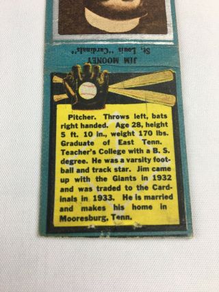1934 St Louis Cardinals Jim Mooney Vintage Matchbook Cover Baseball Card Old 2