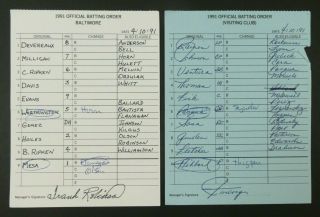 Baltimore 4/10/91 Game Lineup Cards From Umpire Don Denkinger