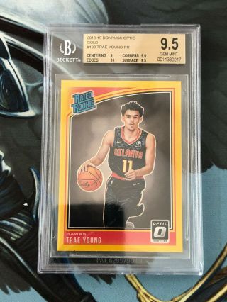 18 - 19 Donruss Optic Trae Young Rated Rookie Gold Prizm /10 Bgs 9.  5 Hawks