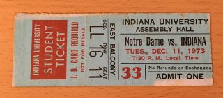 1973 Indiana Hoosiers Vs.  Notre Dame Basketball Game Ticket Stub Bobby Knight 11