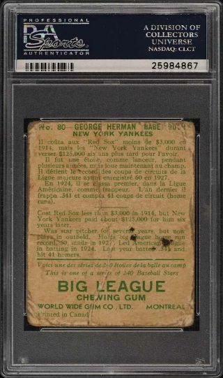 1933 Goudey World Wide Gum Babe Ruth 80 PSA 1 PR (PWCC) 2