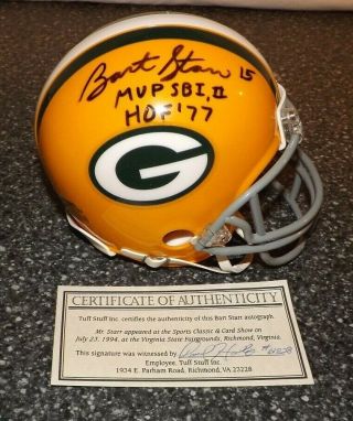 Bart Starr Autographed Green Bay Packers Mini Helmet Mvp Sbi & Sbii & Hof W/