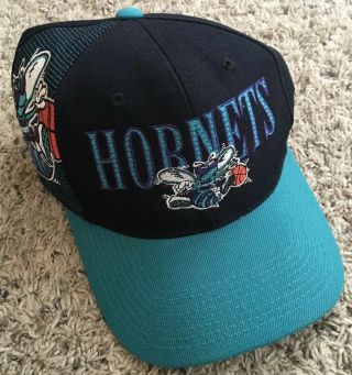 Vintage Sports Specialties Charlotte Hornets Snapback Hat Cap Nba Black & Teal