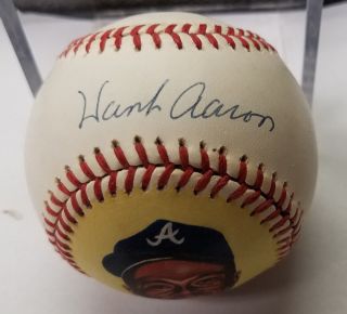 Hank Aaron Signed Autograph Baseball With Custom Painted Image