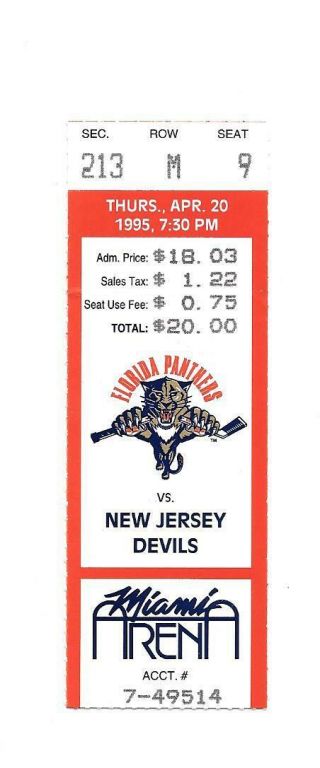 Florida Panthers Ticket Stub From April 20,  1995 Vs Jersey Devils 4/20/95