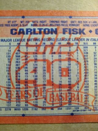 1991 Topps Carlton Fisk 170 - Very Rare A B Print Variation With Bold Back