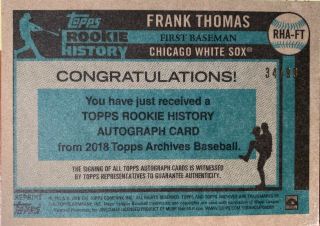 2018 Topps Archives Rookie History Auto FRANK THOMAS 34/99 Chicago White Sox 2