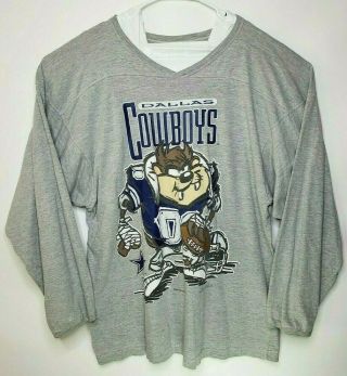 Dallas Cowboys Taz Xl Crewneck L/s Grey Tshirt Vintage Looney Tunes Nfl 1994 Wb