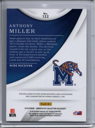 ANTHONY MILLER AUTO JERSEY LOGO PATCH RC /99 2018 PANINI IMMACULATE AUTOGRAPH 2