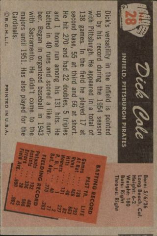 1955 Bowman Pittsburgh Pirates Baseball Card 28 Dick Cole - EX 2