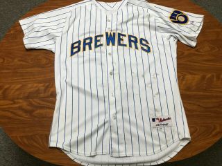 Mens Distressed Authentic Majestic Milwaukee Brewers Baseball Jersey Size 48