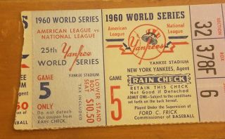1960 World Series Ticket Stub Game 5 PITTSBURGH PIRATES OVER NY YANKEES 5 - 2 Cool 3