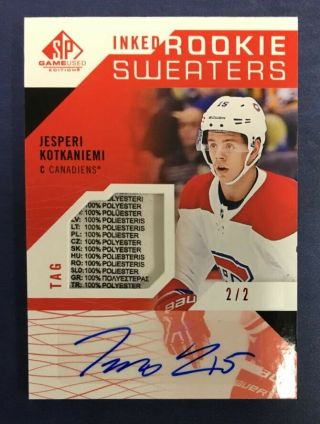 Jesperi Kotkaniemi 2018 - 19 Sp Game Inked Rookie Sweaters Tag 2/2 Canadiens