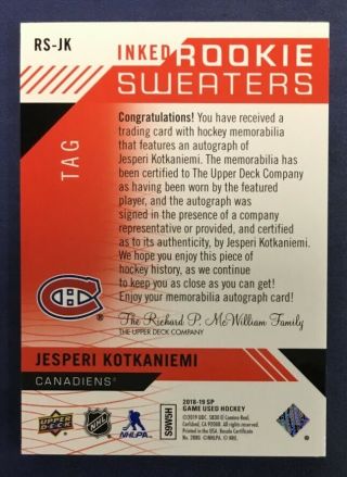 Jesperi Kotkaniemi 2018 - 19 SP Game Inked Rookie Sweaters Tag 2/2 Canadiens 2