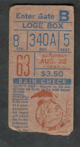Aug 22 1964 Ticket Stub Shea Stadium Ny Cubs 3 At Mets 2 Larry Jackson Win