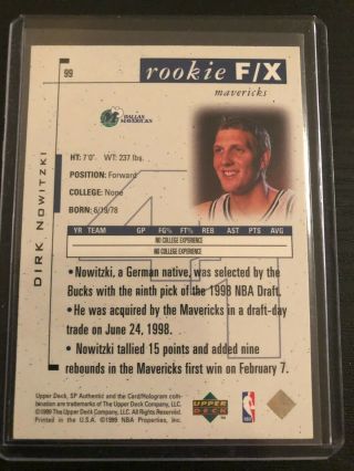 1998 - 99 SP Authentic Dirk Nowitzki ROOKIE /3500 Mavericks RC 2