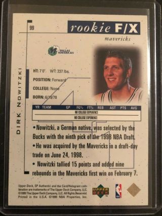 1998 - 99 SP Authentic Dirk Nowitzki ROOKIE /3500 Mavericks RC 4