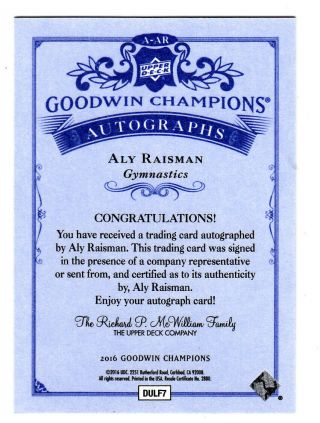 2016 Goodwin Champions Aly Raisman Autograph Olympic Gymnastics 2