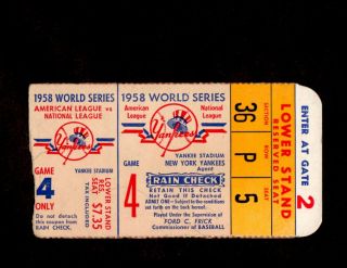 1958 World Series Ticket Stub Milwaukee Braves @ York Yankees Game 4