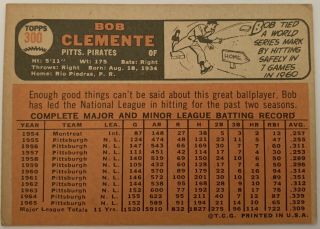 1966 Topps 300 Roberto ‘Bob’ Clemente HOF Pittsburgh Pirates Baseball Card 2